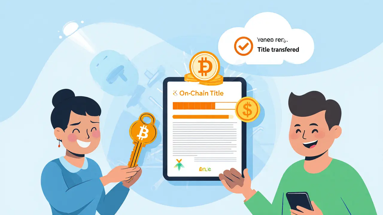 Flat cartoon of a smart‑contract real‑estate deal with seller, escrow box, and buyer receiving title.