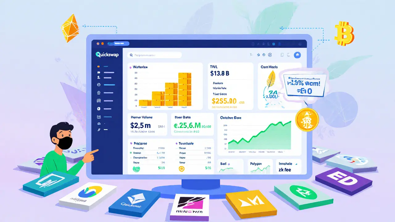 Flat dashboard showing Quickswap stats, supported chains, and a MetaMask‑wearing trader.
