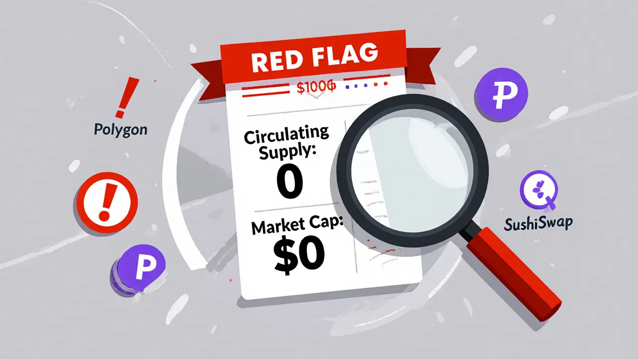 Flat drawing of a magnifying glass highlighting MMF token data showing zero supply and market cap.