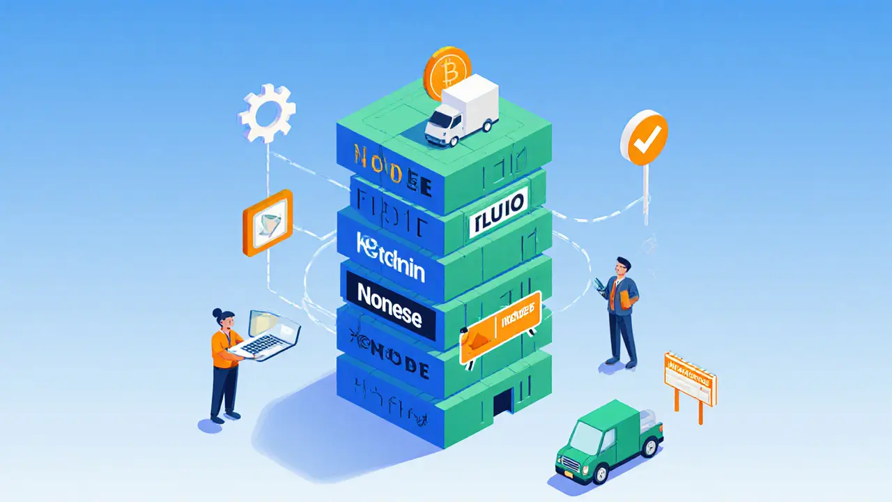 Flat illustration of a modular blockchain tower staying stable despite missing nodes, surrounded by business icons.
