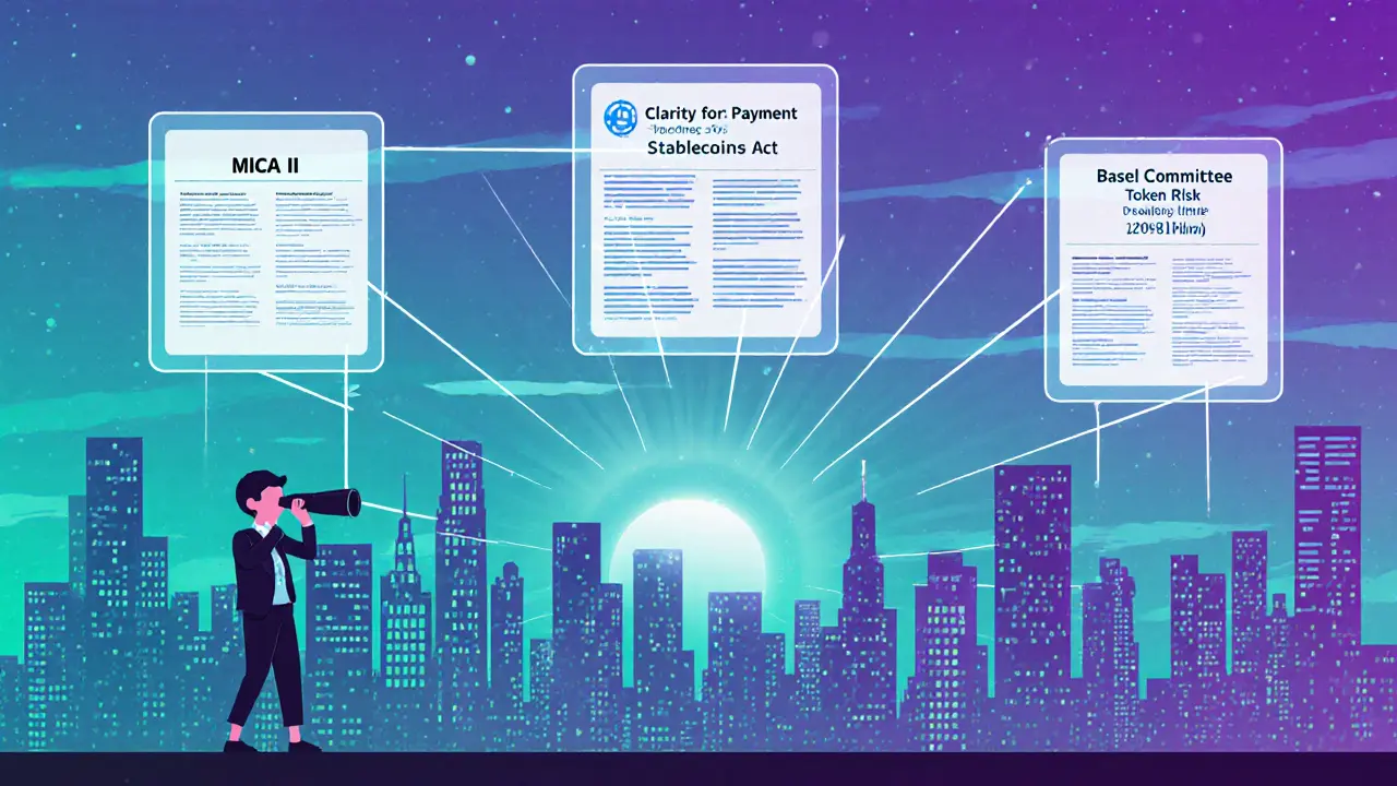 Futuristic city skyline with holographic panels of upcoming crypto regulations and a person observing.