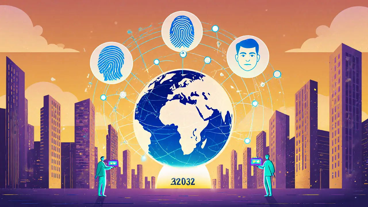 Futuristic city with biometric wallets, AI brain, and blockchain network globe.