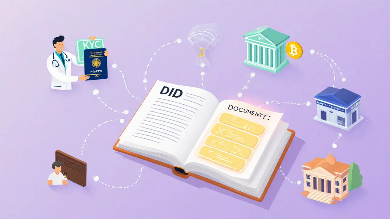 Ledger, health, bank, and government icons linked by zero‑knowledge proof lines.