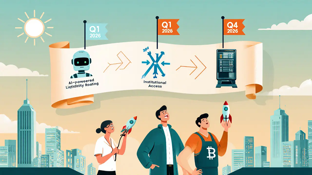 Roadmap scroll illustrating AI routing, FIX API, and cross‑chain futures upgrades.