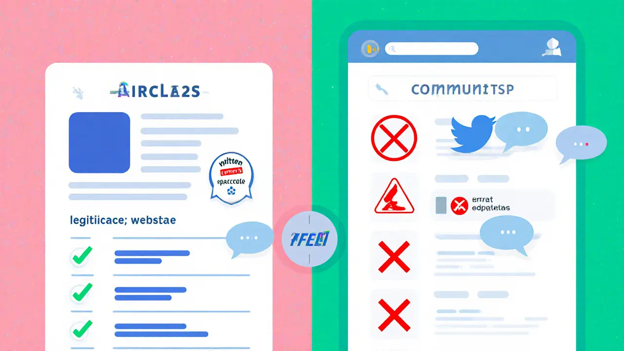 Split-screen cartoon comparing legit airdrop checklist with AFEN scam red flags.