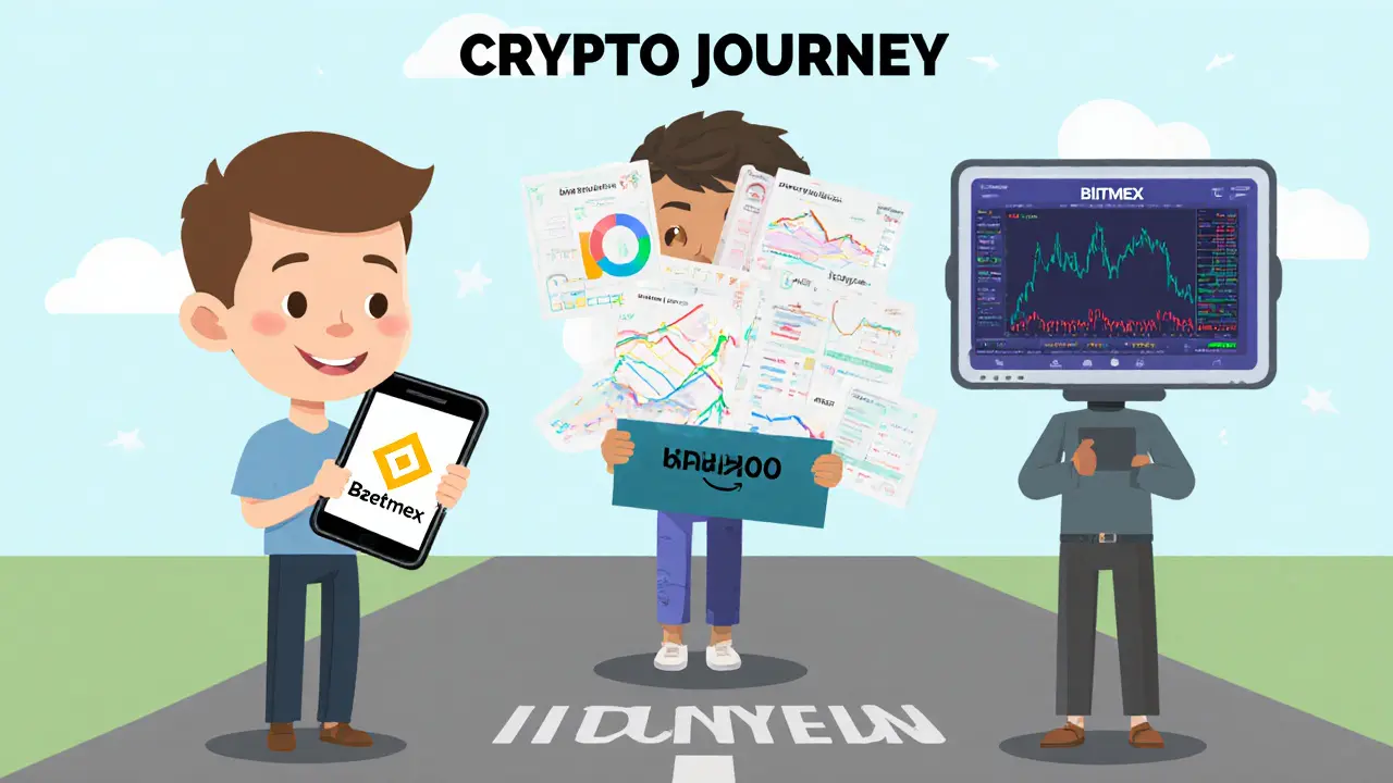 Three traders—beginner, advanced, futures—comparing crypto exchanges.