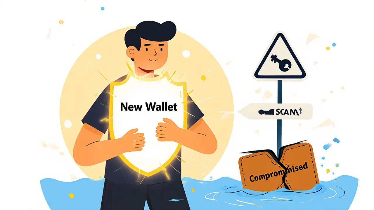 User defending a new crypto wallet with a shield while a broken wallet sinks.