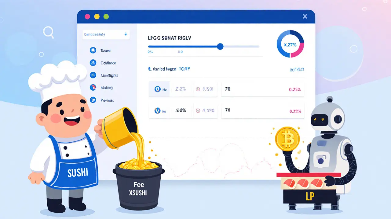 Cartoon chef pours gold streams to LP bucket and xSUSHI bar, with swap UI and slider.