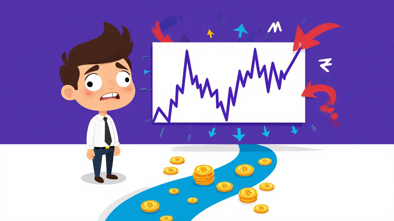 Cartoon trader looking shocked beside a jagged volatility chart and a thin stream of scattered coins.