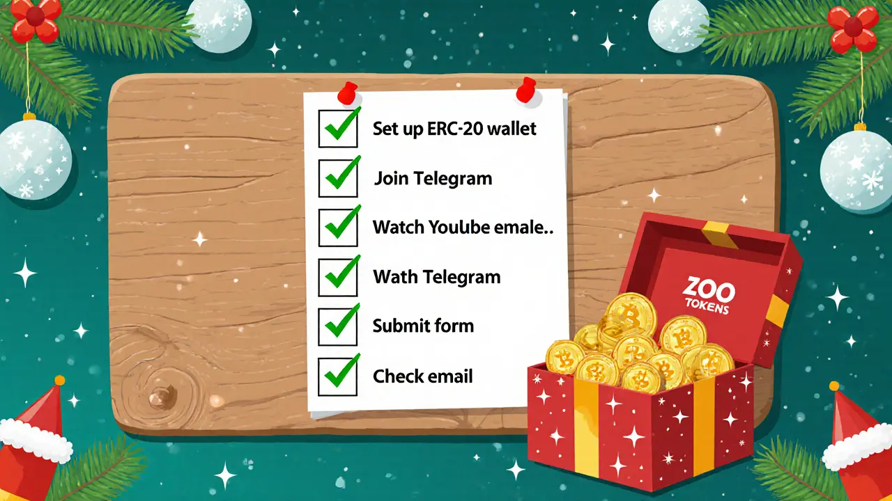 Checklist of airdrop steps beside a gift box filled with ZOO tokens.