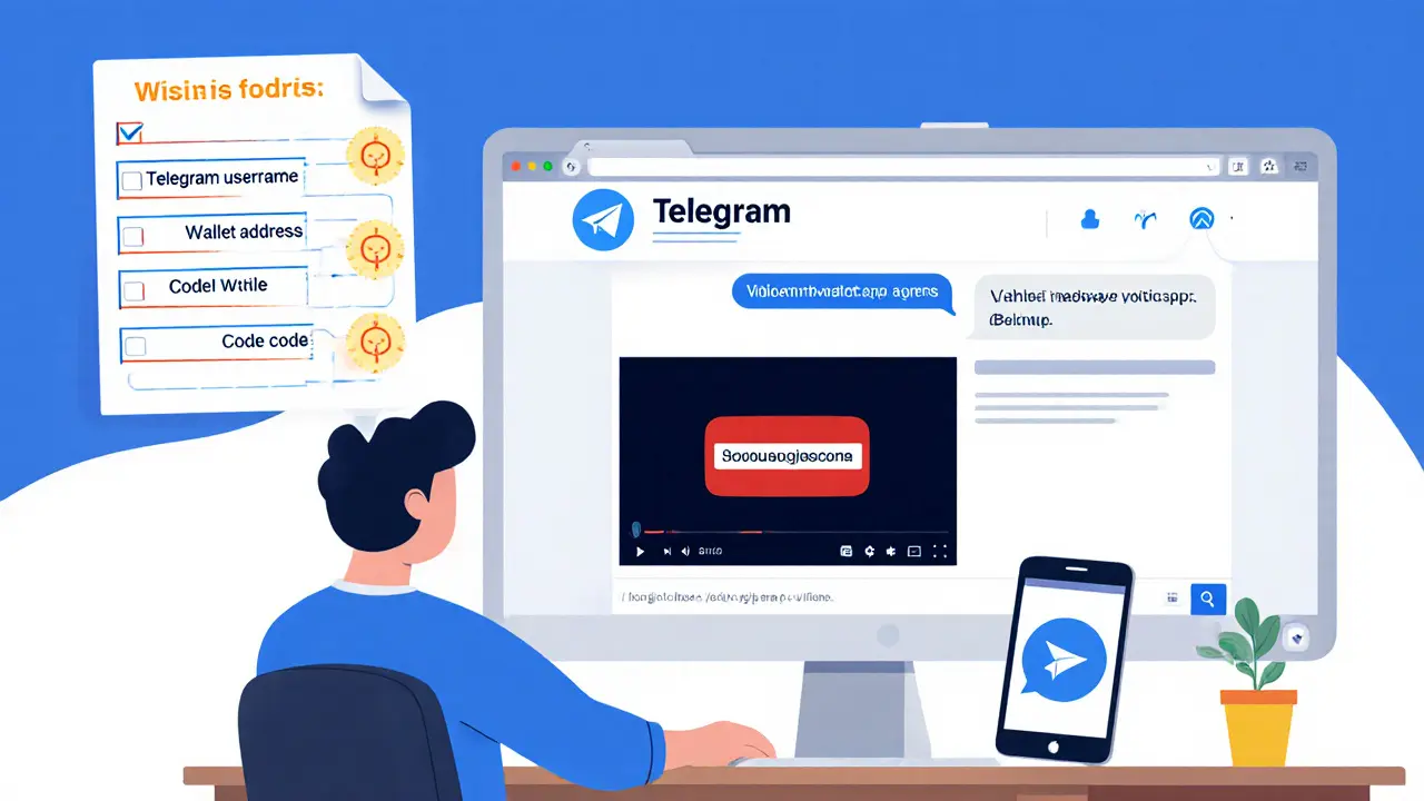 Flat illustration of a person completing Telegram, YouTube, and form steps to claim the airdrop.