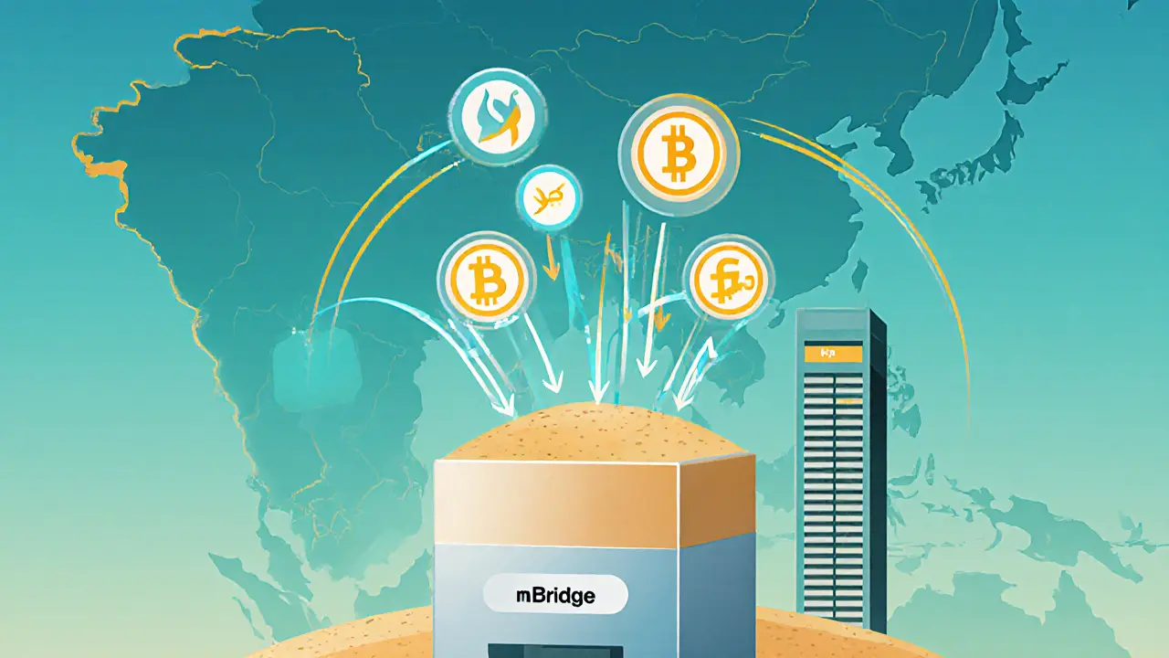 Illustration of mBridge sandbox linking e‑CNY, e‑HKD, digital Baht, and digital Dirham.