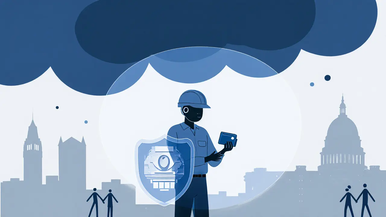 Investor with a wallet under storm clouds, shield nearby, with distant government building silhouettes.