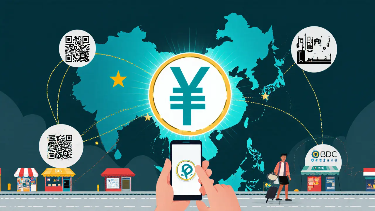 Map of China and partner countries linked by a blockchain network using the digital yuan.