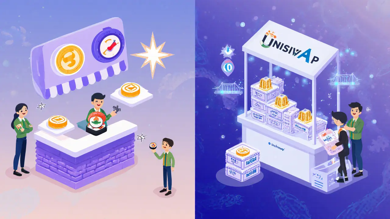 Split cartoon scene comparing SushiSwap&#039;s compact sushi bar with rewards to Uniswap&#039;s larger token stall.