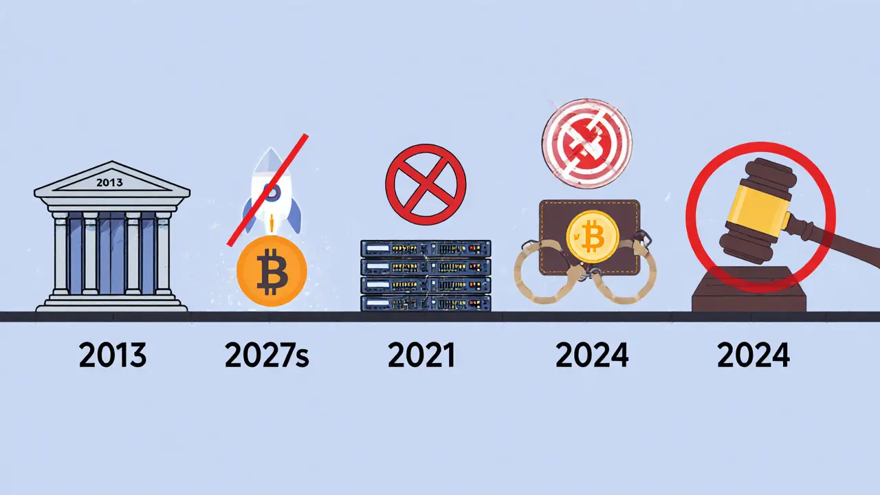 Timeline of China&#039;s crypto crackdown from 2013 to 2025 shown with icons.