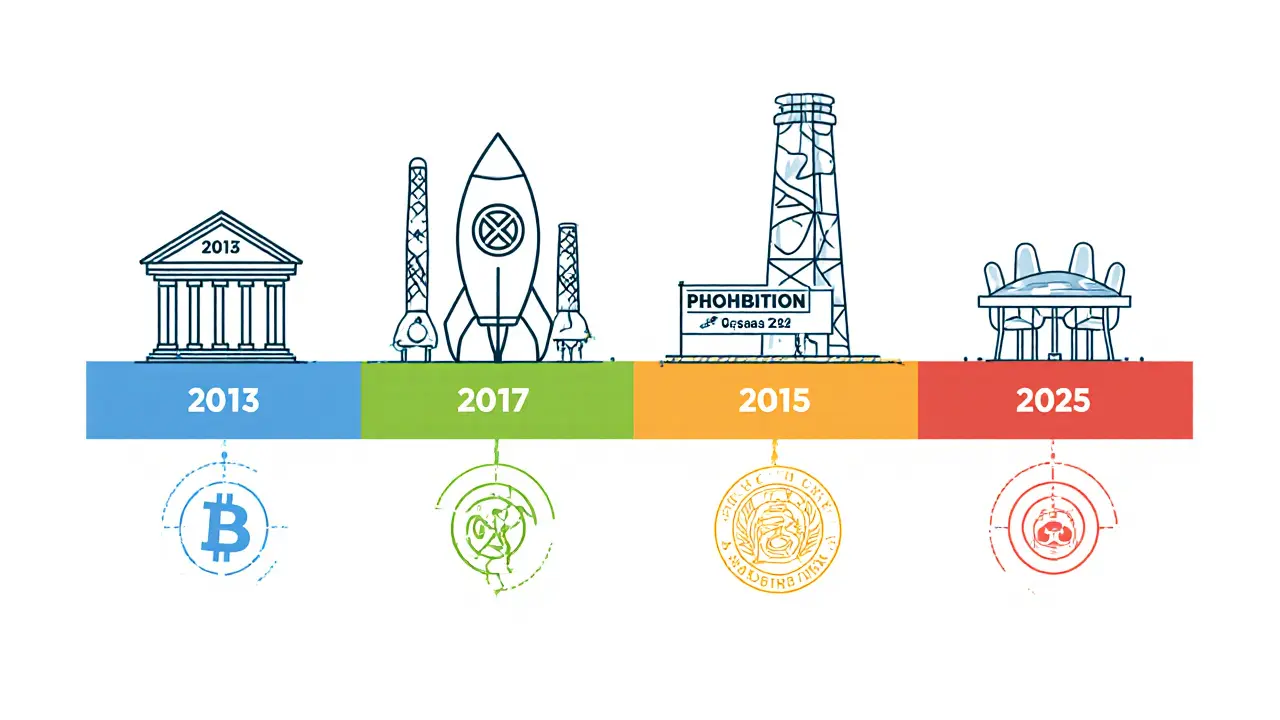 Timeline shows key years of China&#039;s crypto regulation with simple icons for each event.