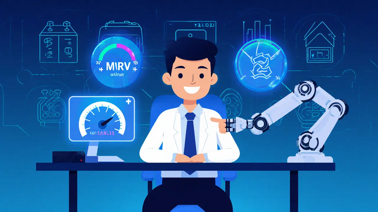 Cartoon analyst desk with holographic MVRV gauge, Z‑score meter, confidence bands, and AI robot arm.