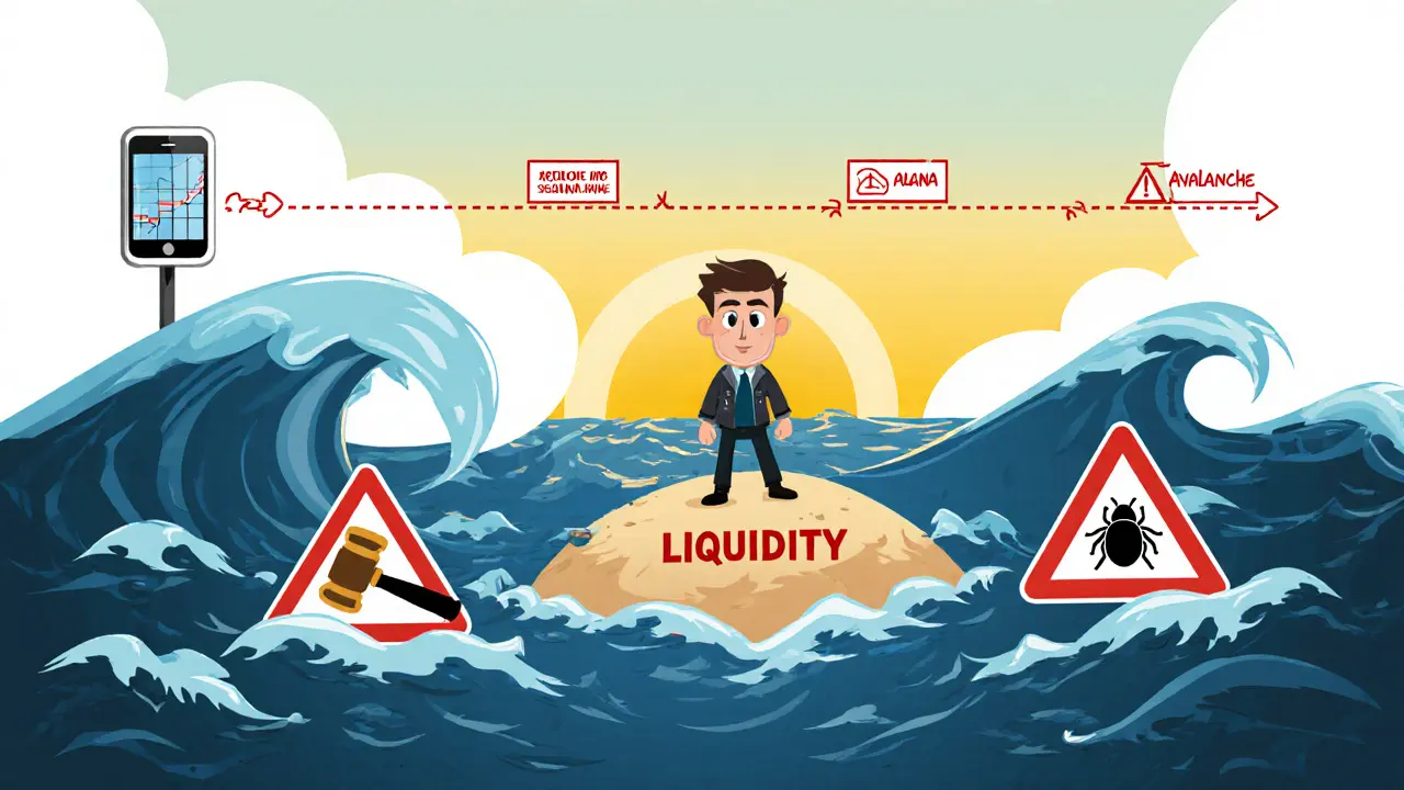 Cartoon trader on a small island facing stormy seas with warning icons and a roadmap horizon.