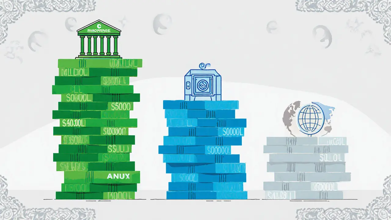 Colorful stacks of money with icons showing exchange, custodial, and foreign capital thresholds.