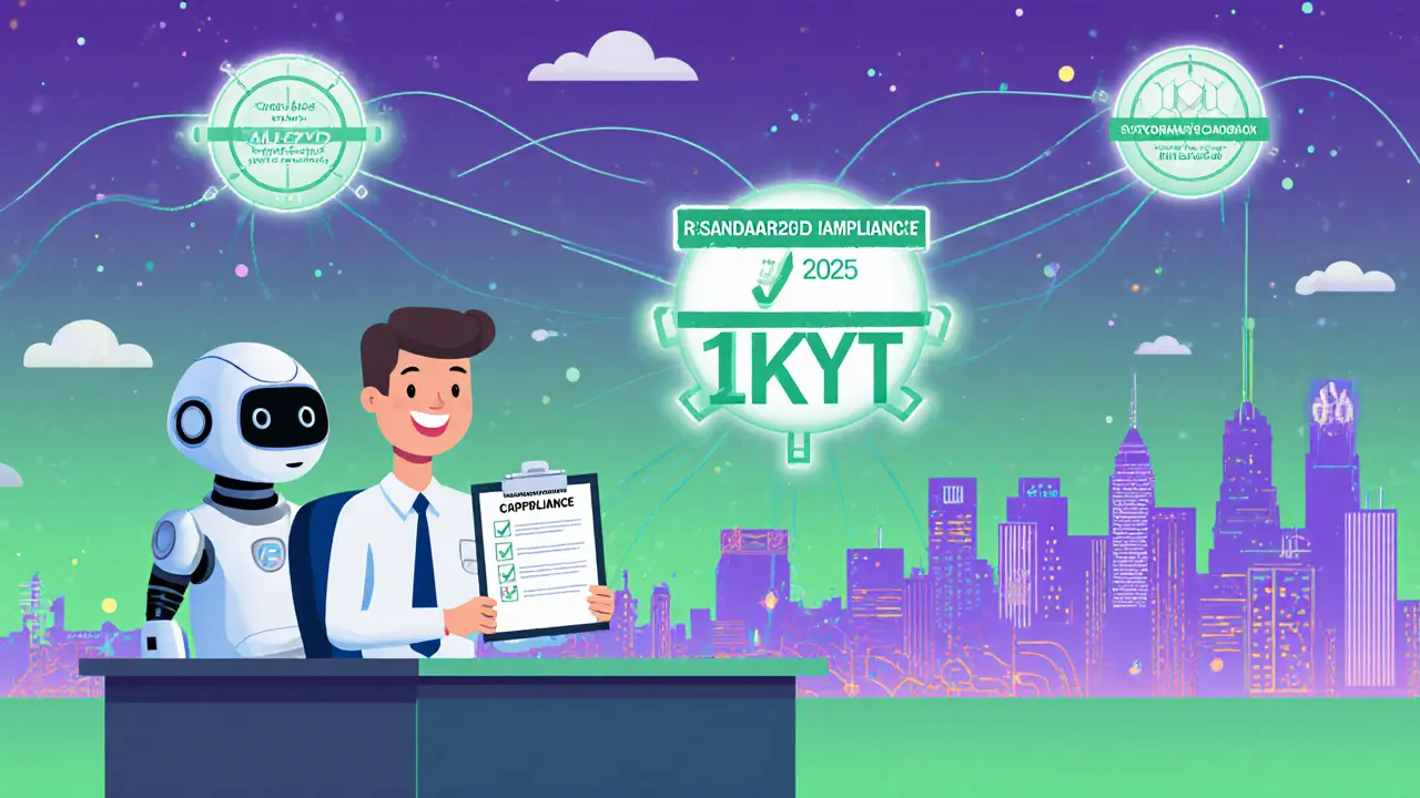 Compliance officer and friendly AI robot review a completed crypto compliance checklist.