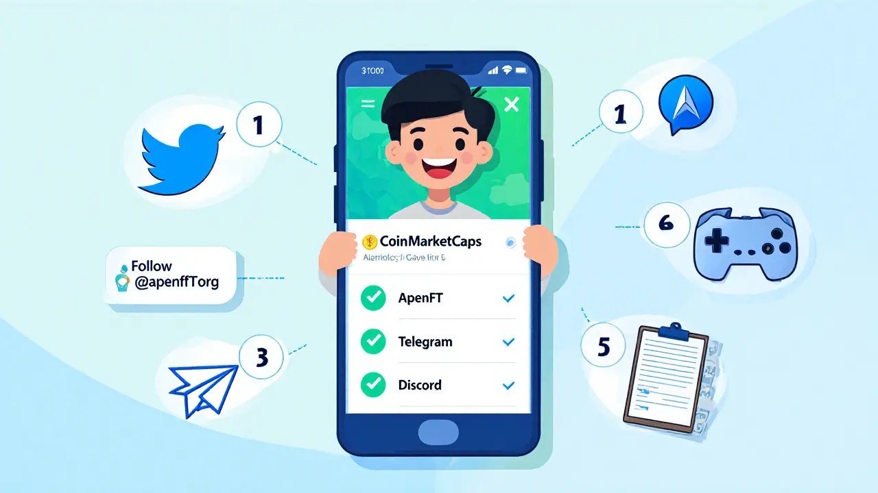 Flat cartoon checklist showing steps to join APENFT airdrop with app icons and numbered actions.