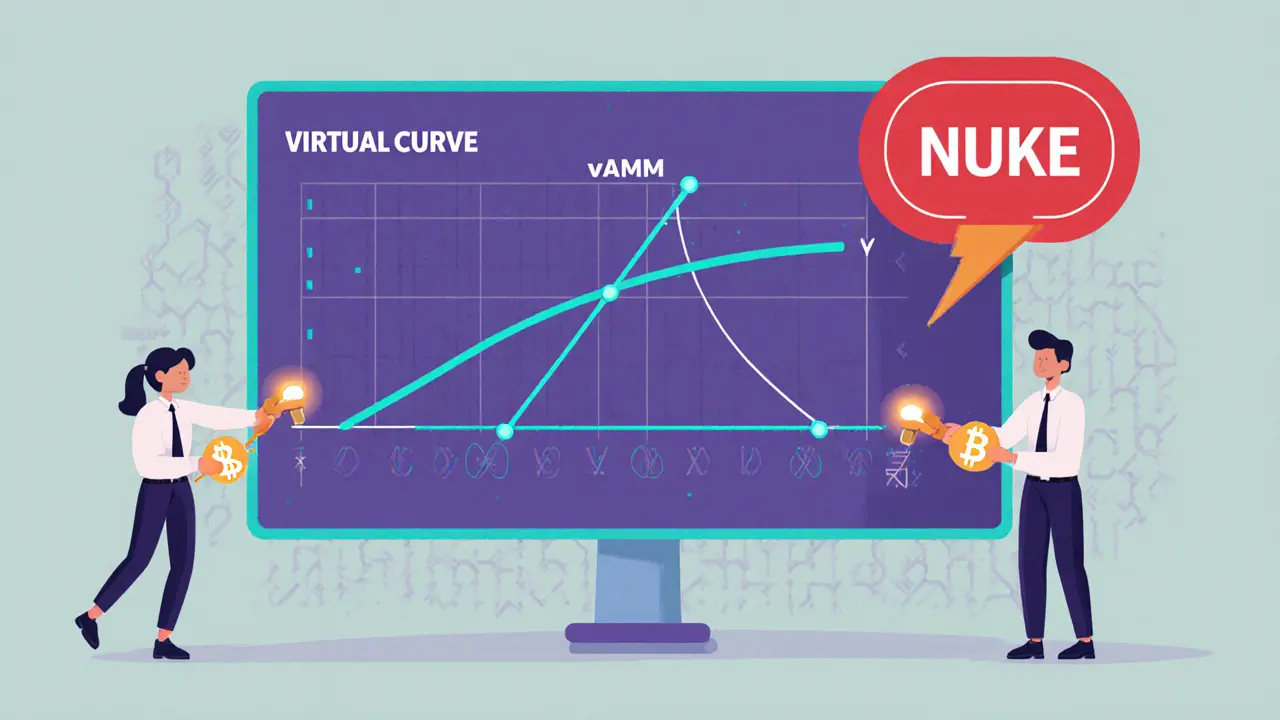 Flat cartoon diagram of virtual AMM curve with traders using levers and an emergency button.