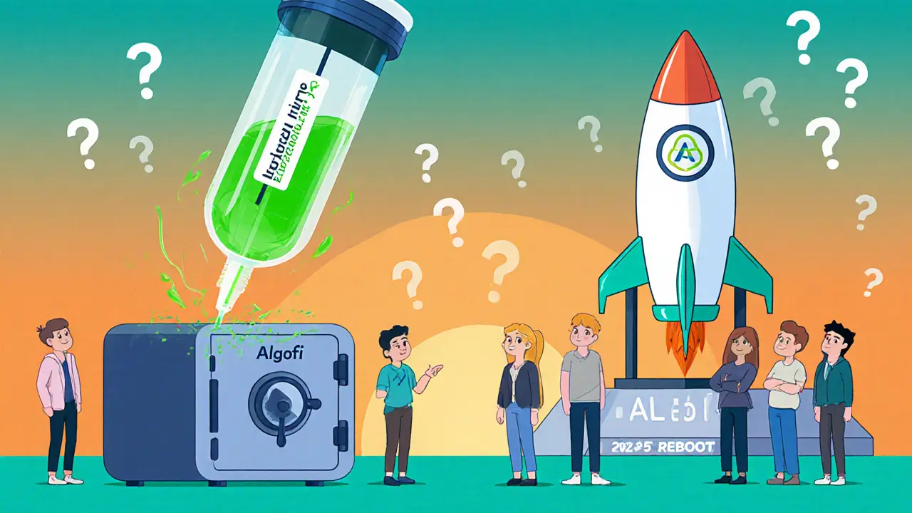 Flat cartoon of a liquidity injection and rocket launch suggesting a possible Algofi reboot.
