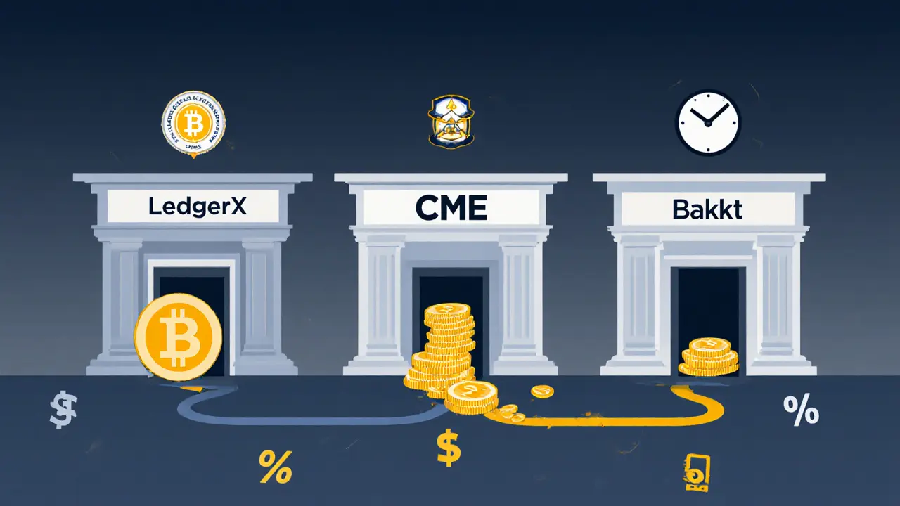 Flat cartoon of three platform buildings comparing LedgerX, CME, and Bakkt with settlement types.
