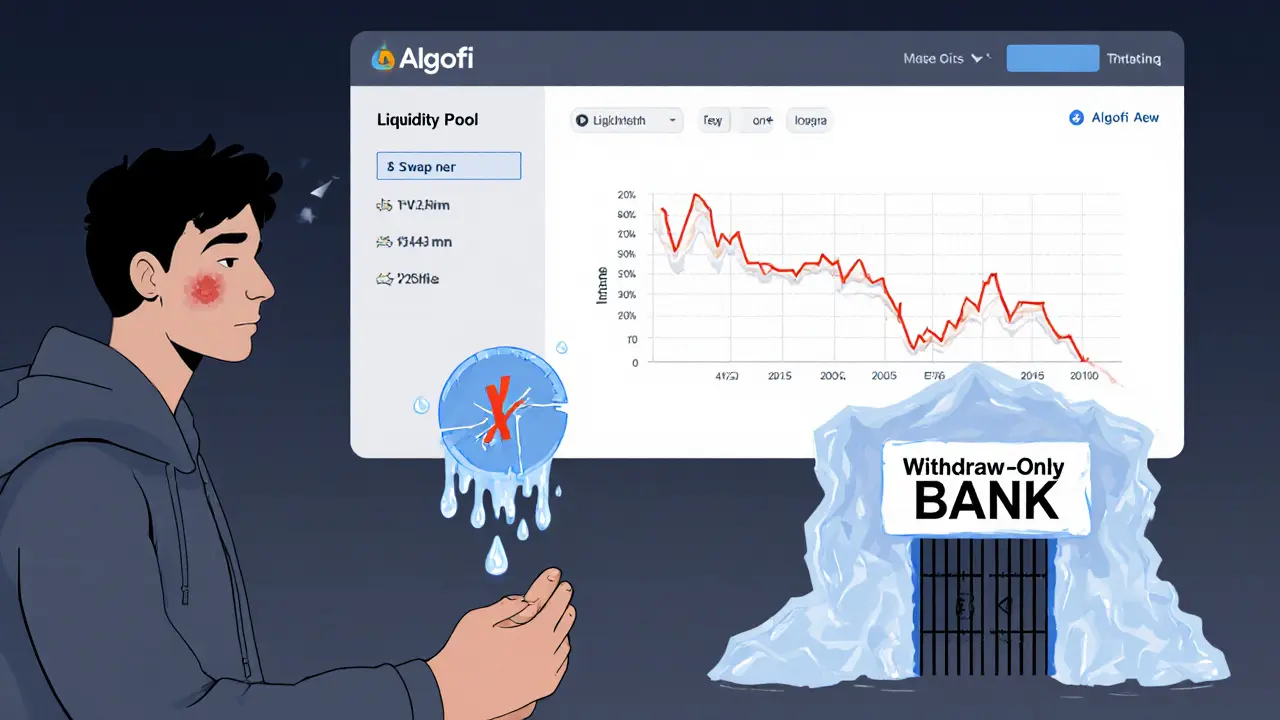 Flat cartoon showing a user frustrated by failed swap, broken liquidity pool, and falling TVL chart.