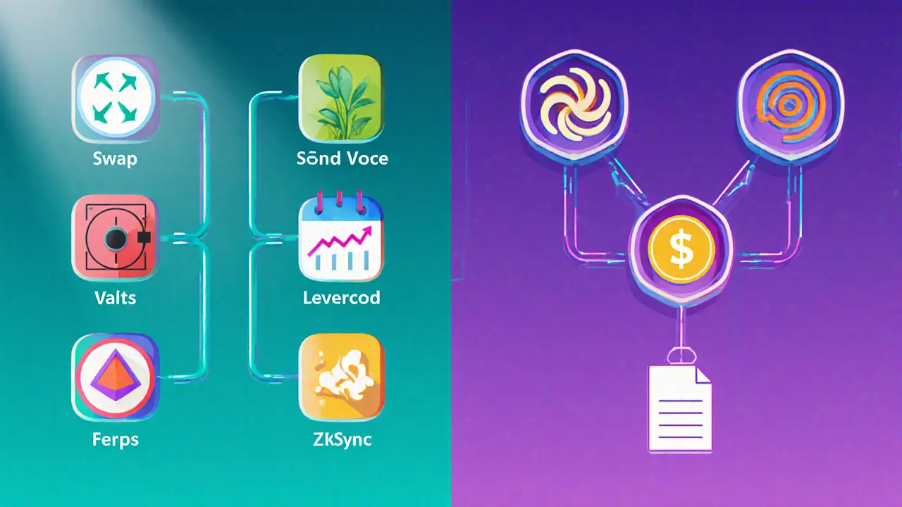 Flat icons showing Flamingo Finance modules linked to Neo, zkSync, and EVM chains.