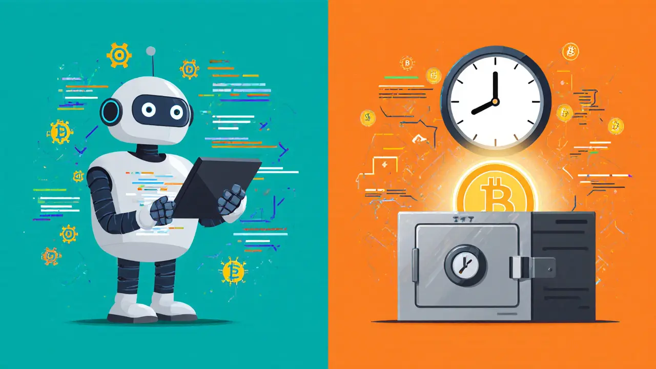 Flat illustration of a robot coder and a Bitcoin vault showing physical settlement and 24/7 clock.
