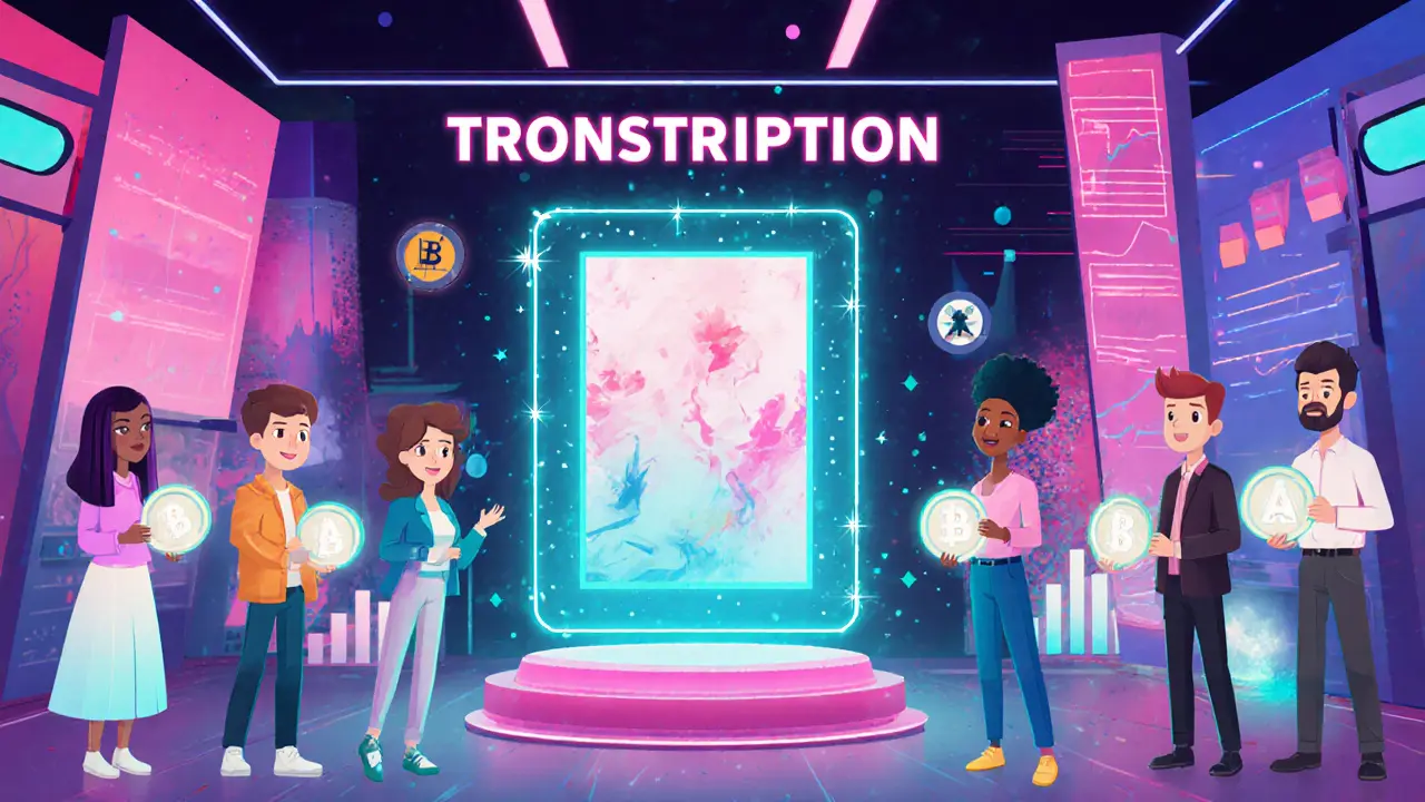 Futuristic marketplace with AI‑generated artwork and users holding glowing NFT tokens in cartoon illustration.
