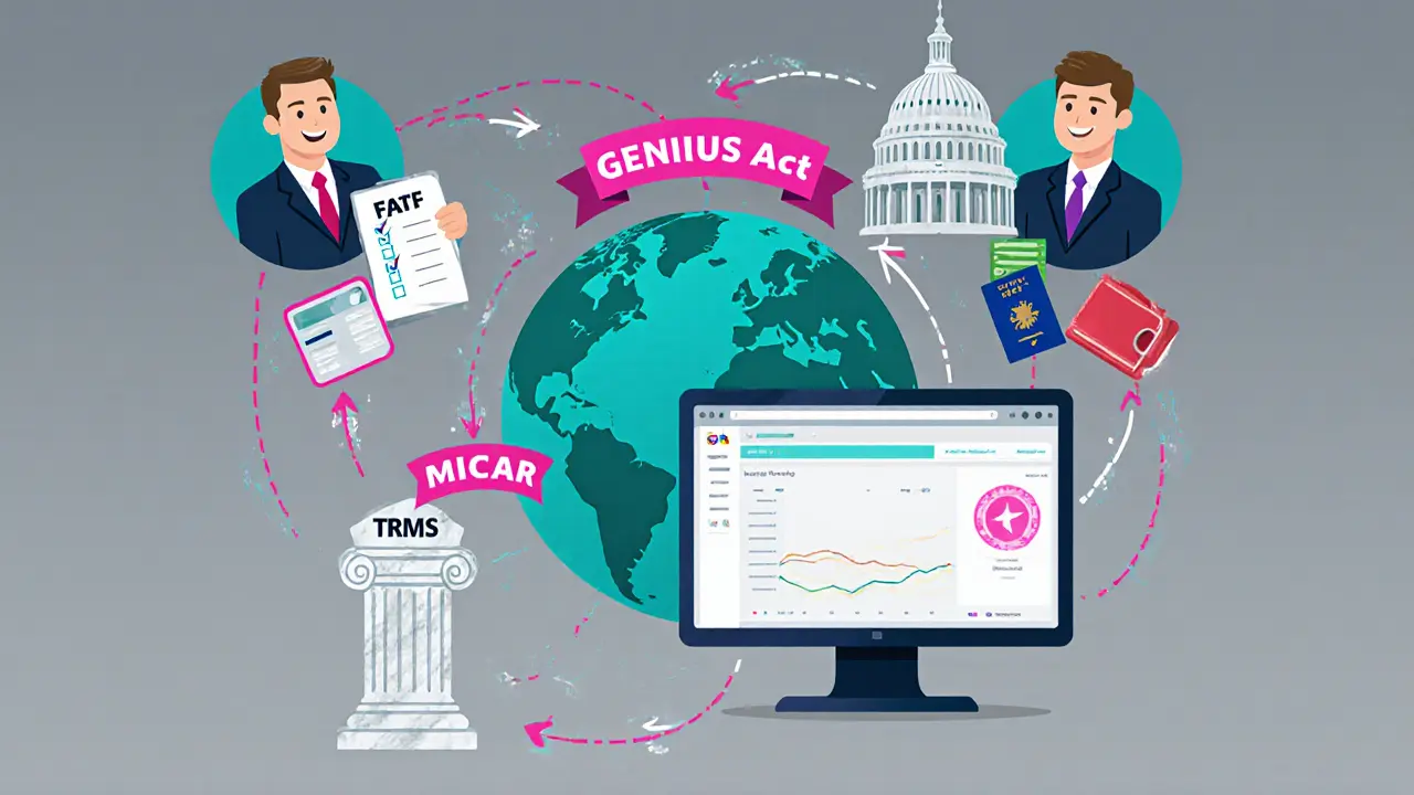 Global regulators and data arrows illustrate the Travel Rule and KYC exchange.