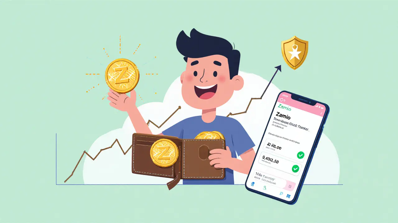 Happy character holding ZAM tokens and NFT with phone-number transfer icon.