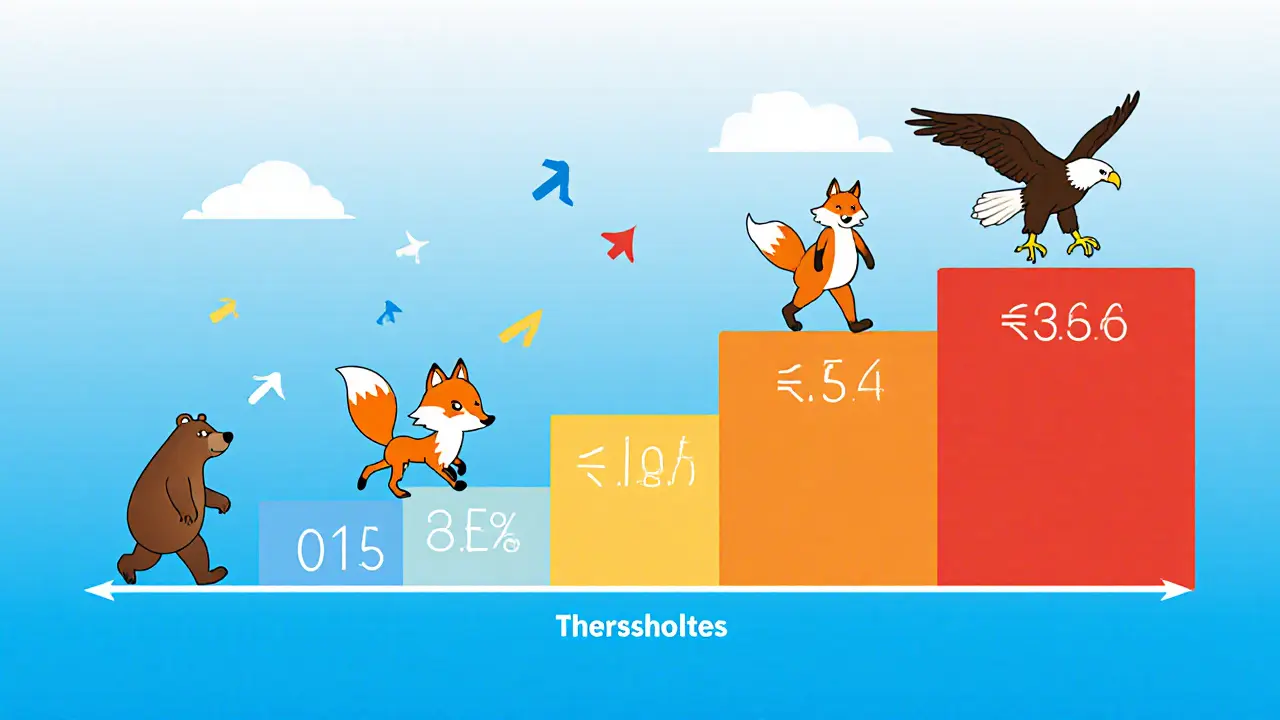 Horizontal bar displaying MVRV thresholds with cartoon Bitcoin characters representing market phases.