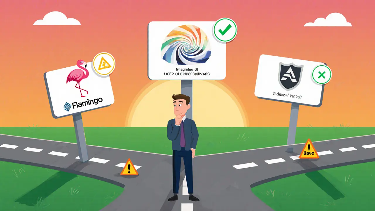 Investor at a crossroads choosing between Flamingo, Uniswap, and Aave platforms.