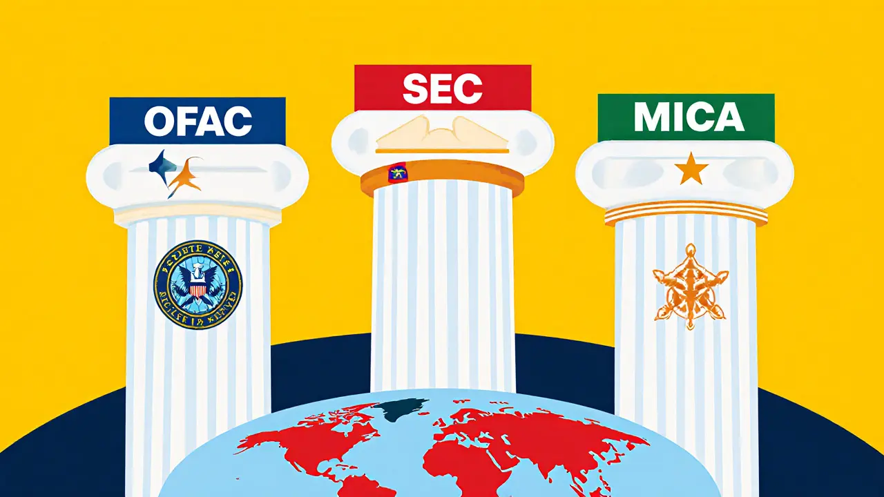 Pillars for OFAC, SEC, MiCA with world map highlighting blocked and partial countries.