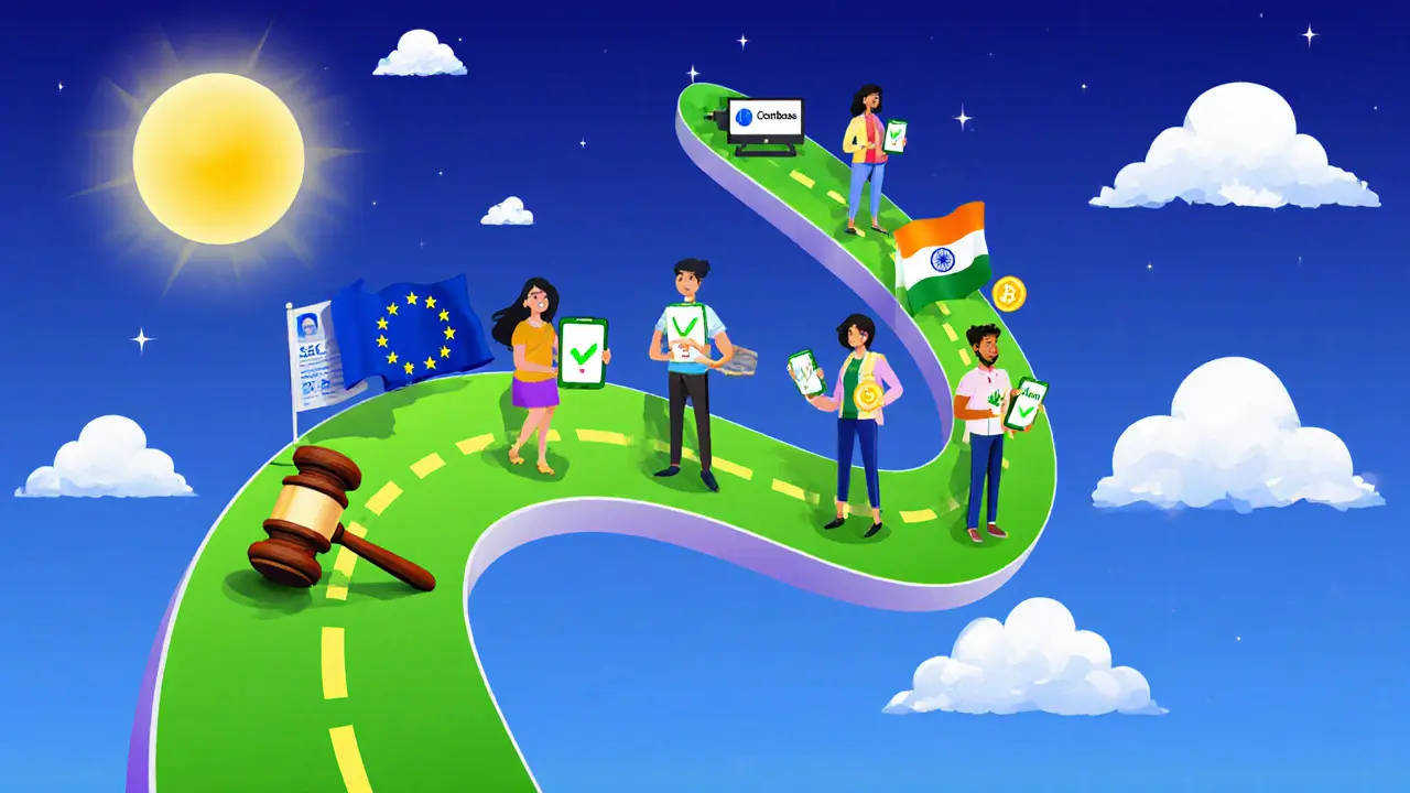 Roadmap showing SEC settlement, MiCA rollout, India license with happy users.