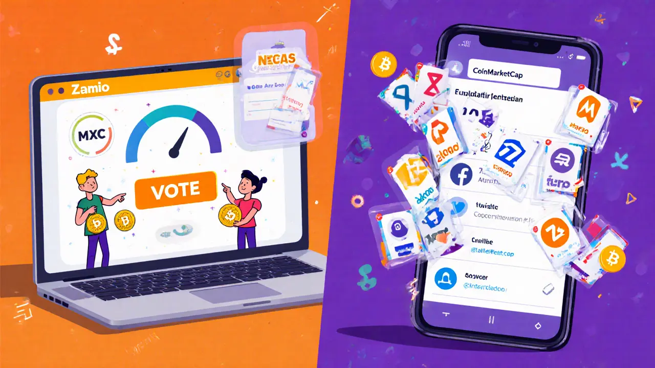 Split cartoon flat illustration of MEXC voting and CoinMarketCap NFT tasks.