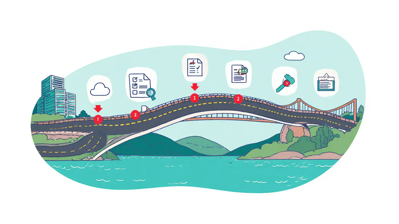 Winding road with icons illustrating the steps from company formation to license issuance.