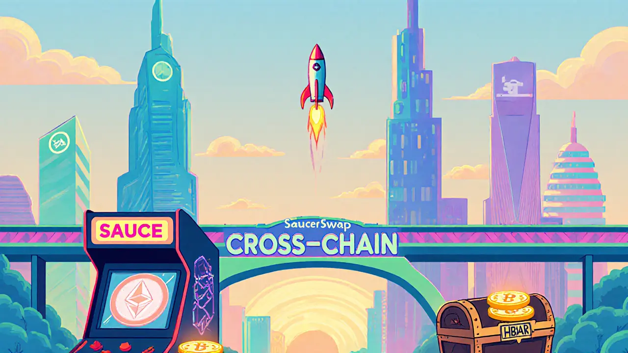 Cartoon future roadmap showing cross‑chain bridge, gamified pools, HBAR wrapper chest, and SAUCE rocket.