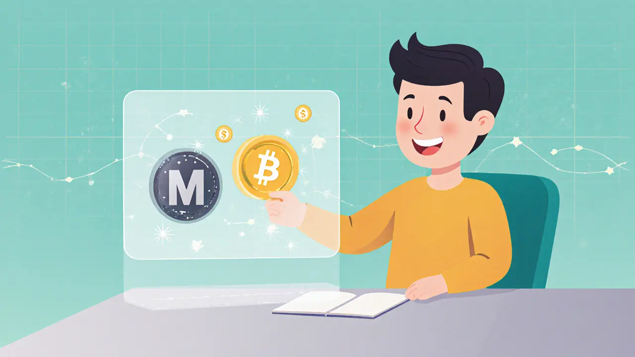 Flat cartoon of a user swapping USDC and MATIC with tiny sparkles indicating low gas fees.