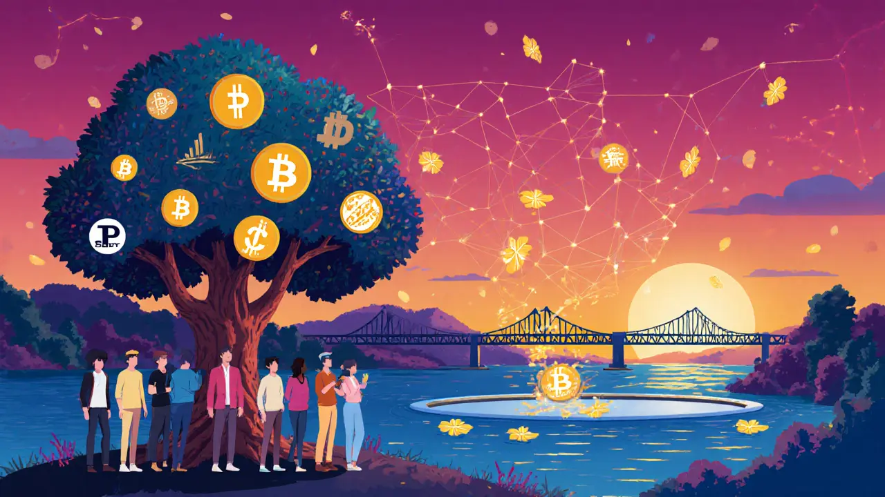 Flat cartoon of creators gathering tokenized media drops near a Uniswap pool with cross‑chain bridges.