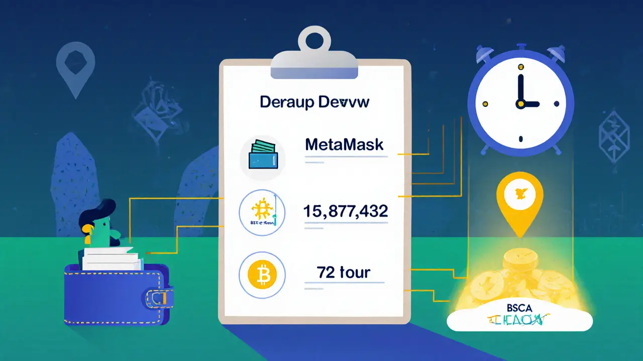 Flat illustration of a checklist for claiming the airdrop with wallet, block number, and timer.