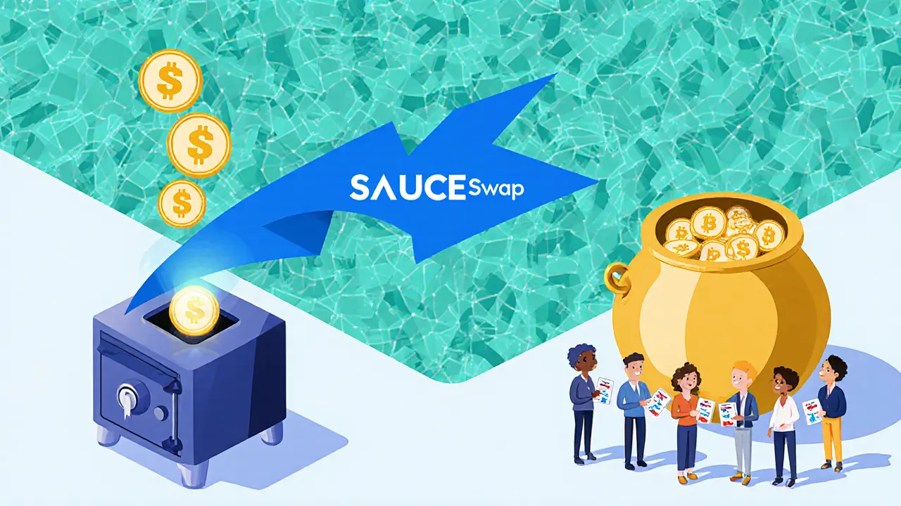 Flat illustration of hashgraph nodes processing swaps, fee switch feeding SAUCE into a vault and staking pool.