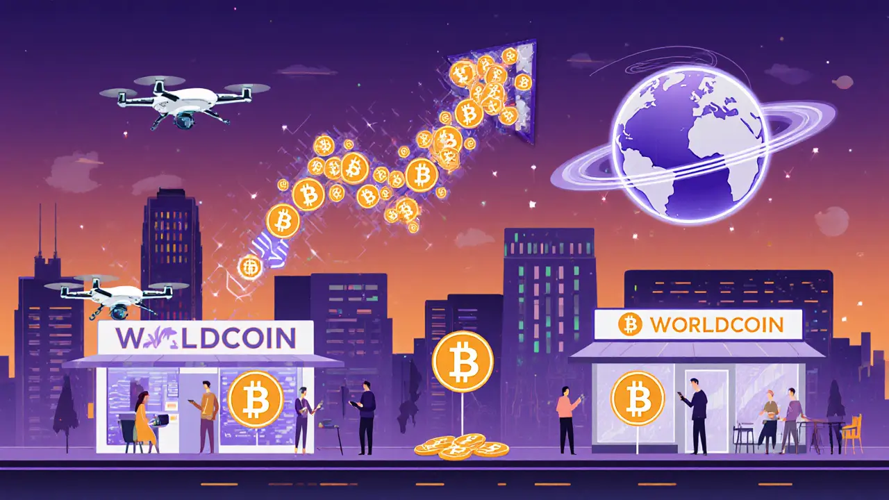 Futuristic city where merchants accept WLD, with AI symbols and growth arrows.