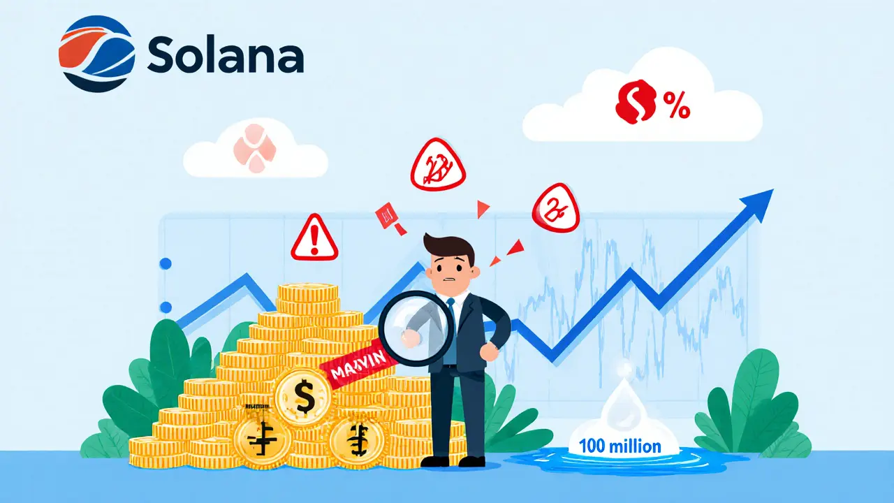 Investor examining two token piles labeled 1 trillion and 100 million, with a shaky chart.