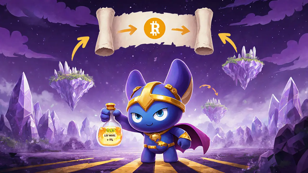 Metamon character uses a potion NFT on a battlefield, with Lost World background and roadmap.