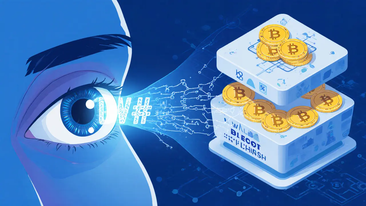Orb scanning an iris, generating a hash and sending WLD tokens into a blockchain network.
